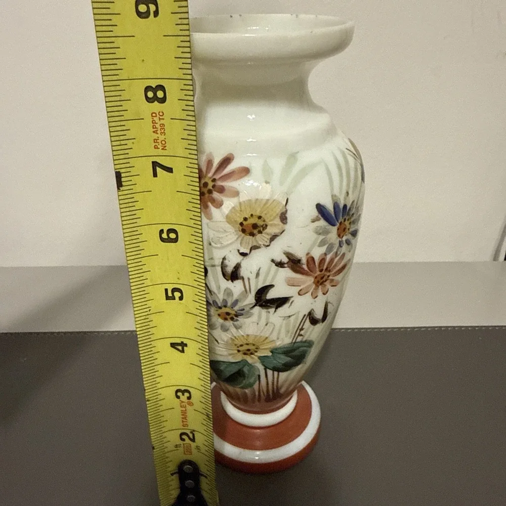 Vintage Hand Painted Milk Glass Wildflower Vase Terracotta Base 8.5